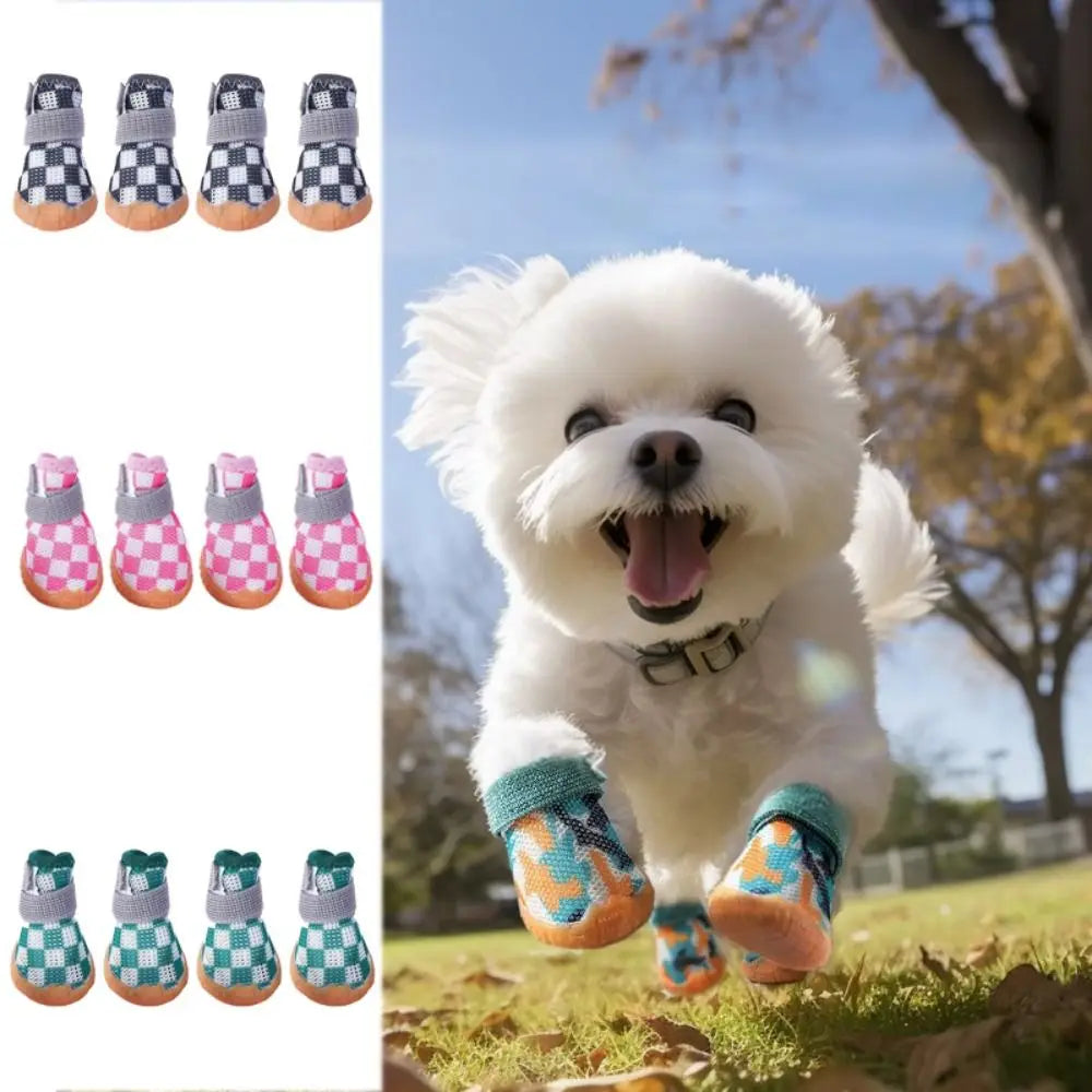 4pcs/set Breathable Pet Dog Shoes Soft Anti-skid Puppy Mesh Shoes Wear-resistant Sandwich Mesh Hollow Dog Boots