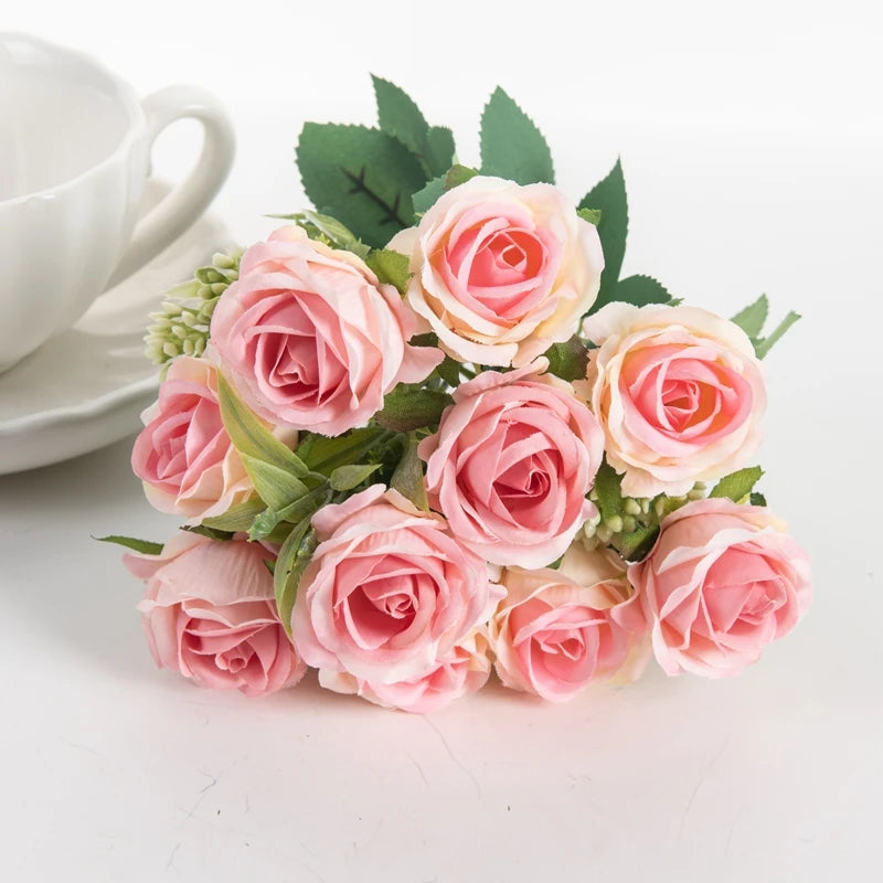 10 Heads Artificial Flowers Scrapbooking Silk Roses Wedding Party Bouquets Household Products Vases for Home Festival Decoration