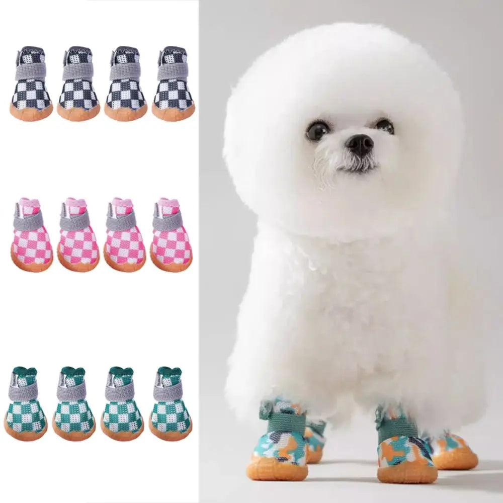 4pcs/set Breathable Pet Dog Shoes Soft Anti-skid Puppy Mesh Shoes Wear-resistant Sandwich Mesh Hollow Dog Boots