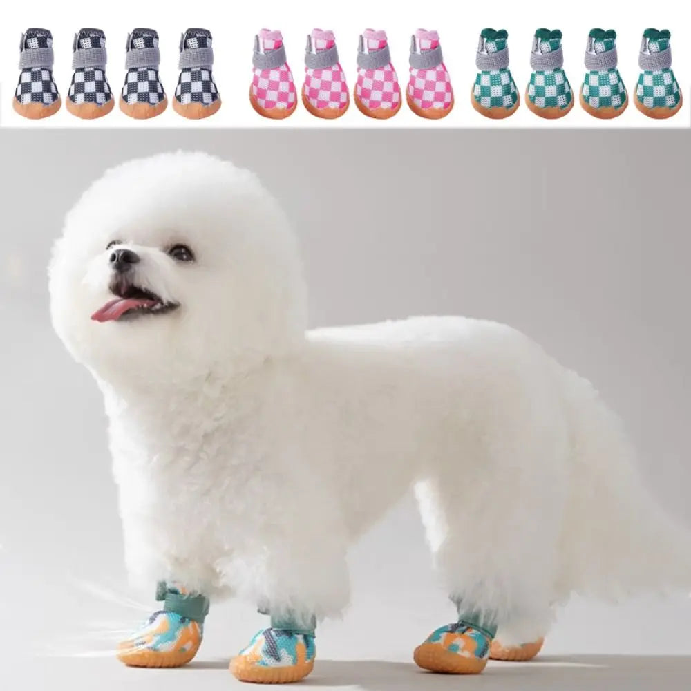 4pcs/set  Breathable Pet Dog Shoes Soft Anti-skid Puppy Mesh Shoes Wear-resistant Sandwich Mesh Hollow Dog Boots