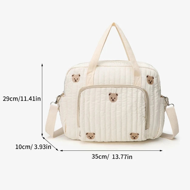 Baby Diaper Bag Cute Bear Flower Embroidery Pattern Mommy Bag Baby Beige Cotton Fabric Zipper Diaper Handbag New Luggage Bag