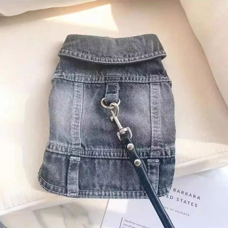 Denim Dog Jacket with D Ring Leash Cool Blue Cowboy Coat for Small Medium Girl Boy Dogs Winter Puppy Clothes Jeans Harness Vest