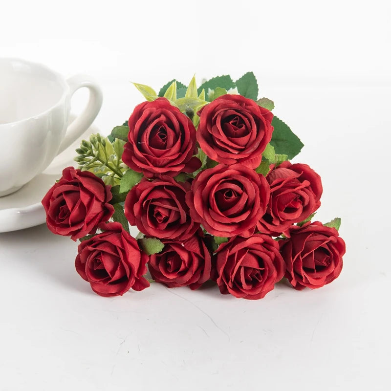 10 Heads Artificial Flowers Scrapbooking Silk Roses Wedding Party Bouquets Household Products Vases for Home Festival Decoration